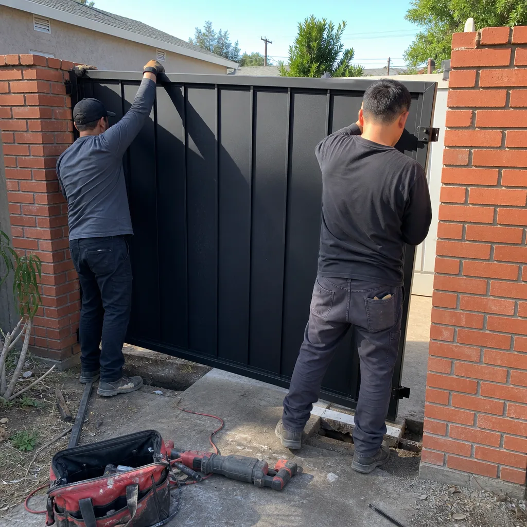 Two professionals installing a modern black metal driveway gate