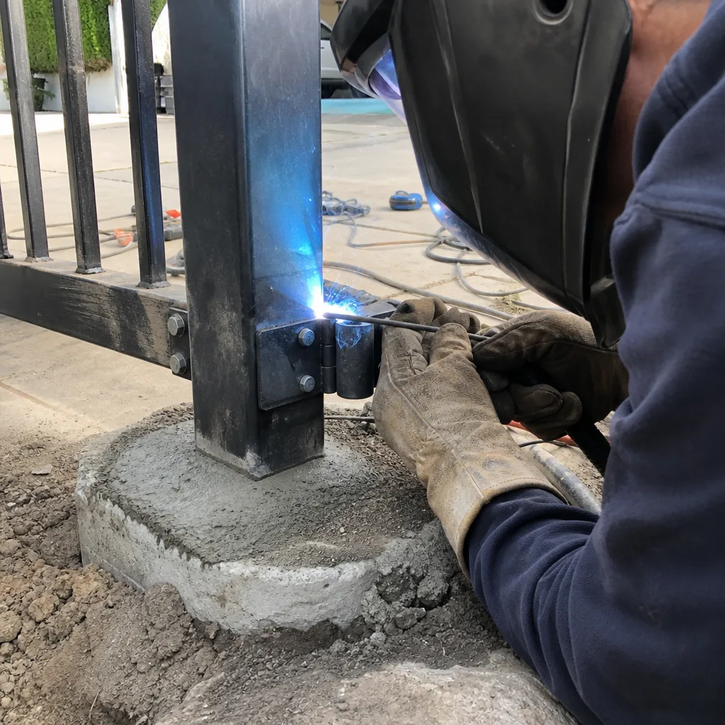 Professional welder performing metal gate repair and installation services