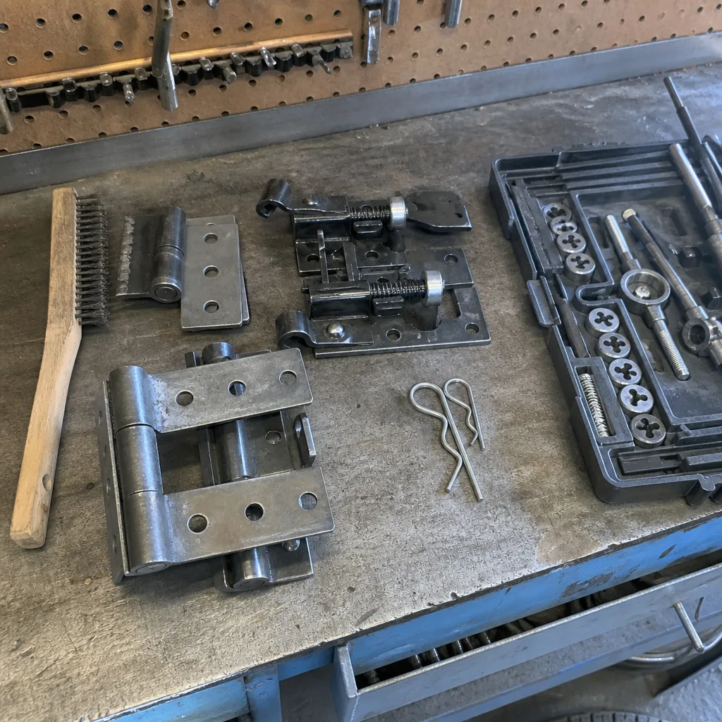 Metal gate hinges, welding equipment, and tools on a workbench. in Burbank, CA