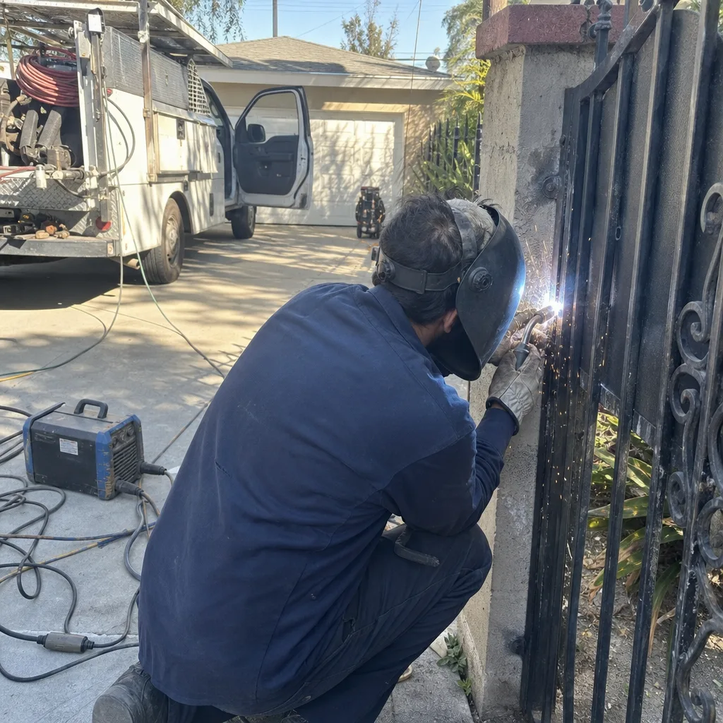 Professional welding technician performing onsite gate repair services